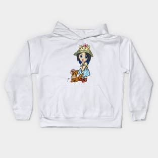 A cute cartoon girl with her cat and pink flowers Kids Hoodie